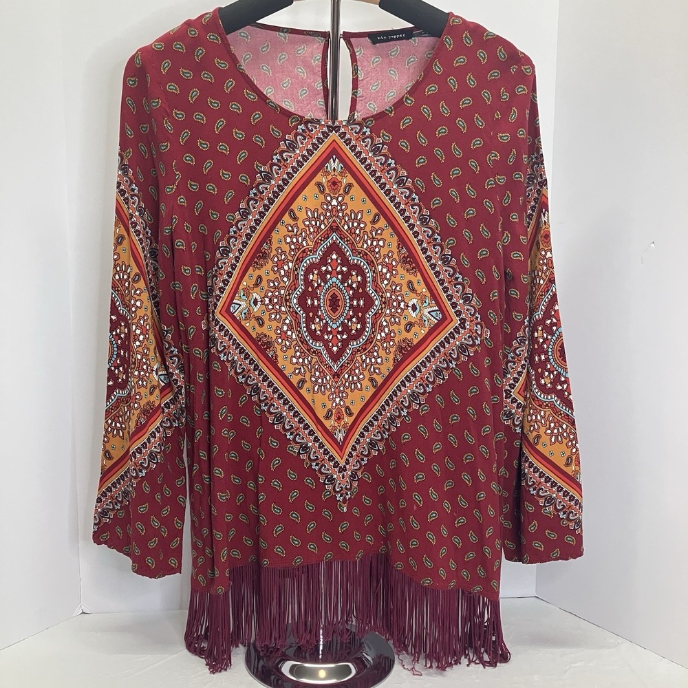 Blu Pepper Womens Red Paisley Fringe Hem Boho Flare Slv Shirt Size M